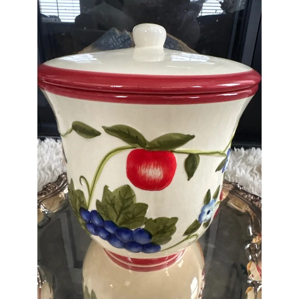 Italian Ceramic Biscotti Cookie‎ Jar Vintage Fruit Design Red Lid